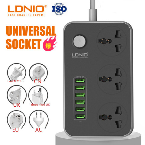 Interruptor de tira de alimentación LDNIO para UE/EE. UU., Cable de 2M, puntos de venta, Universal, 6 USB, 3 enchufes, enchufe estándar, Cable de extensión eléctrica, red ► Foto 1/6