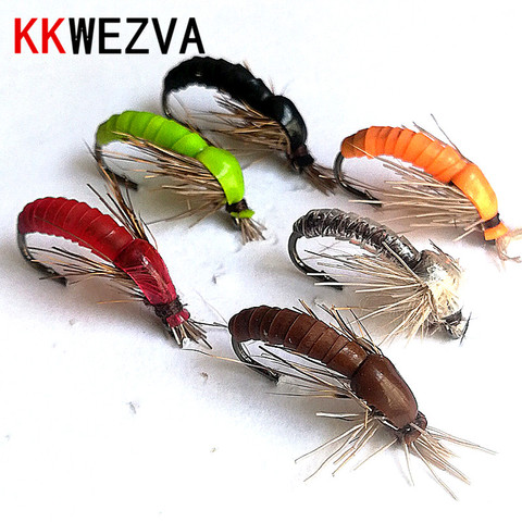 KKWEZVA 18 Uds Color silicona Material hundimiento Ninfa Scud mosca gusano trucha pesca moscas Artificial insecto de pesca cebo señuelo ► Foto 1/6