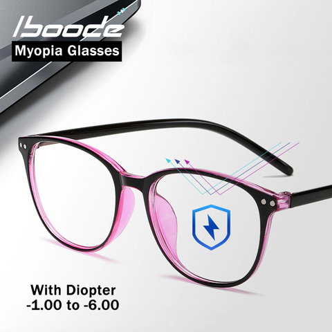 Iboode, gafas redondas Retro para miopía con montura para mujer, gafas ópticas con película Azul, Marcos terminados, gafas de miopía dioptrías-1,0 ~ 6,0 ► Foto 1/6