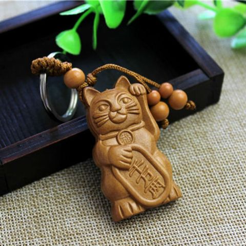 Llavero colgante de madera tallado de gato de buena fortuna, llavero Cadena, adornos de tallado de madera, accesorios de joyería, regalos, nueva gran oferta ► Foto 1/6