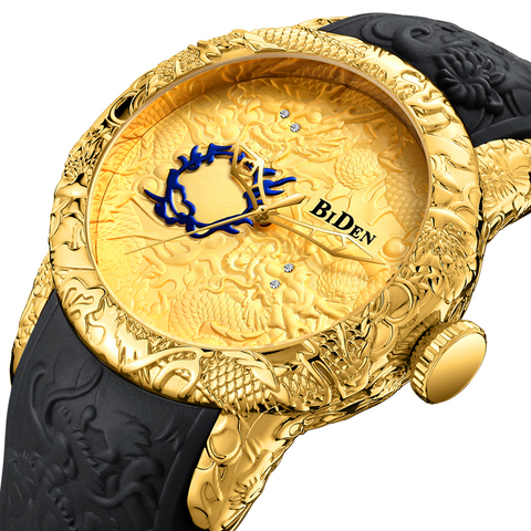 Creativo 3D escultura dragón hombre reloj láser grabado tallado Oro negro cuero banda reloj negro hombre relojes de pulsera hombre ► Foto 1/6
