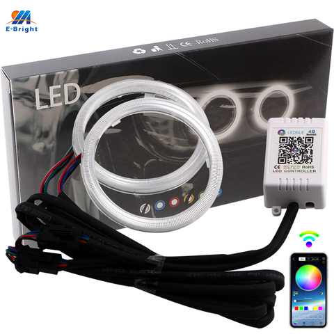 2 unids/set coche anillos COB RGB 60MM 70MM 80MM 90MM 100MM 110MM 120MM Halo anillos de los faros tipo Ojos de Ángel para coche APP móvil con cubierta ► Foto 1/6