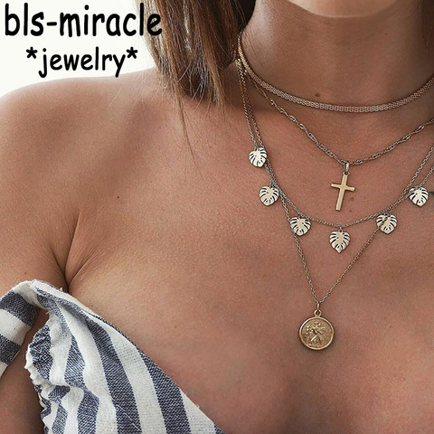 Bls-miracle-collares de oro con hojas bohemias para mujer, Gargantilla con moneda de cruz y corazón, colgante, collar multicapa, regalo de joyería para mujer 2022 ► Foto 1/6