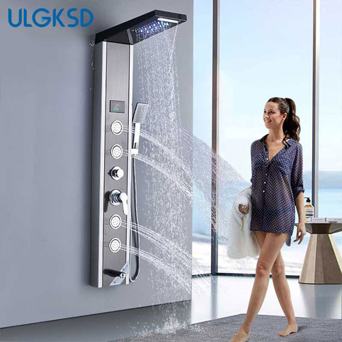 De níquel negro LED lluvia ducha cascada juego de grifería de ducha Panel columna Multi-boquilla funcional masaje SPA Jet temperatura pantalla ► Foto 1/6