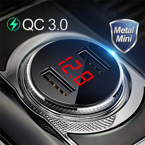 QC 3,0 Metal Dual USB teléfono coche cargador LED pantalla Digital para iPhone Xiaomi Samsung Huawei carga rápida voltaje monitoreo ► Foto 1/6