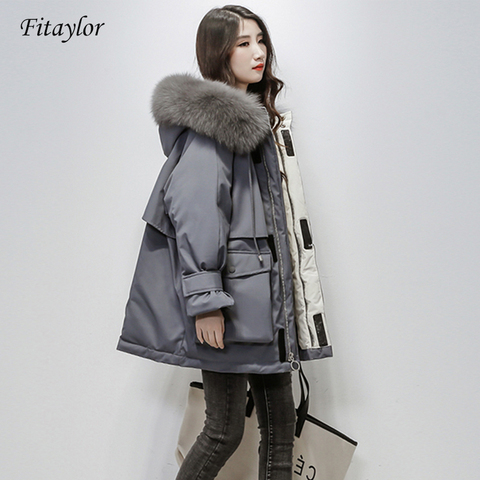 Fitaylor chaqueta de invierno con capucha de piel de zorro Natural grande para mujer 90% de pato blanco Parkas gruesas abrigo de nieve ► Foto 1/6