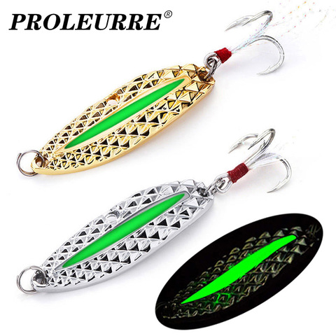 1 Uds 7g 10g 15g de invierno de Metal luminoso cuchara Spinner atraer Pesca de lubina de Wobblers cebo Artificial, gancho de plumas triples abordar ► Foto 1/6