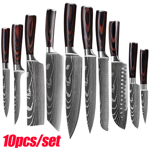 Juego de cuchillos de Chef profesionales, juego de cuchillo de cocina Damascus, diseño realizado con láser, 440C, de acero inoxidable, 10 Uds. ► Foto 1/6