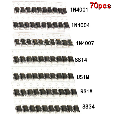 Lote de 70 Uds. De KIT de diodo schottky SMD M1, 1N4001, M4, 1N4004, 1N4007, SS14, US1M, RS1M, SS34, 7 valores, 10 Uds. ► Foto 1/5