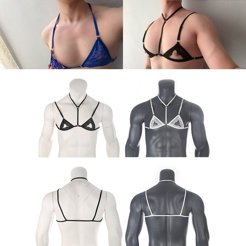 Lencería de encaje transparente para hombre, sujetadores exóticos, ropa de dormir con cuello Halter, arnés de correas ajustables, Mini Top ► Foto 1/6