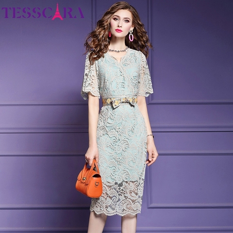TESSCARA-vestido de encaje con cuello en V para mujer, traje elegante de fiesta para verano, Estilo Vintage, de diseñador ► Foto 1/5