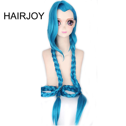 HAIRJOY-Peluca de cabello sintético resistente al calor, Cosplay de Lol Jinx, 100cm de largo, color azul con doble trenzas, disfraz de Anime para Halloween ► Foto 1/6