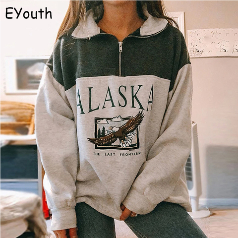 Sudaderas de manga larga con estampado de letras para mujer, sudadera holgada informal Vintage gris con cuello levantado de algodón a la moda ► Foto 1/6