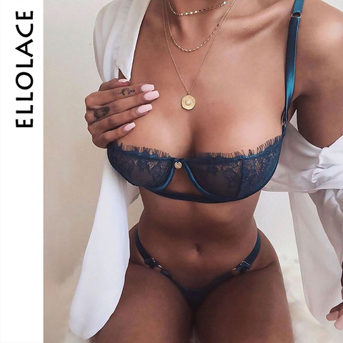 Ellolace-ropa interior Sexy para mujer, sujetador transparente, taza baja, conjunto de ropa interior de encaje, conjunto de lencería sujetador y bragas ► Foto 1/6