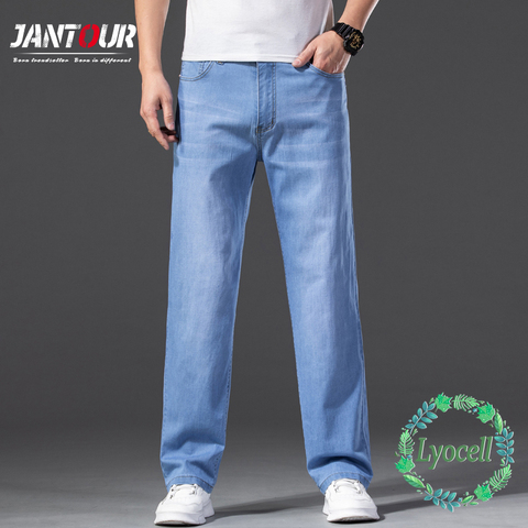 Novedad de verano de los hombres de Lyocell pantalones vaqueros azul claro de talla grande 40 42 44 46 pantalones vaqueros holgados de corte recto Hombre clásico pantalones marca hombre ► Foto 1/6