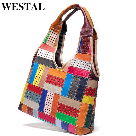 WESTAL mujer Bolsos De Mujer de cuero genuino bolso de mano bolsos de mano grandes Patchwork bolsas de diseñador de cuero, bolsos de mano de mujer bolsos de hombro ► Foto 1/6