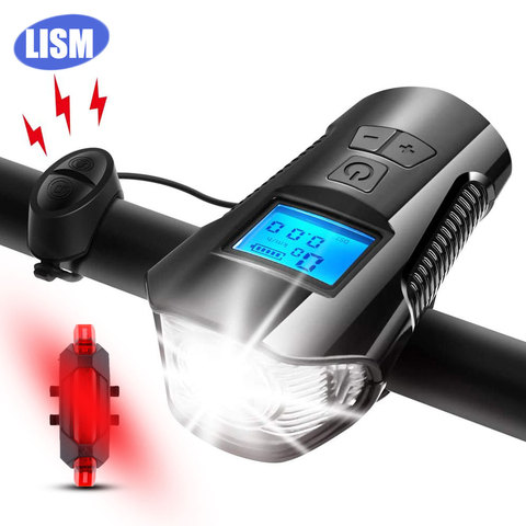 LISM 1 Combo USB Luz de bicicleta IPX7 ciclismo luces de bicicleta 6 modos cuerno linterna velocímetro con luz trasera ► Foto 1/6