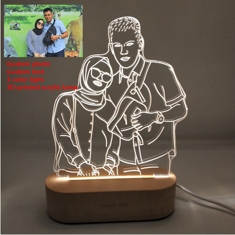 Lámpara de escritorio con luz nocturna impresa en 3D con foto de texto personalizada, Base de madera, regalo de San Valentín, luz blanca con USB ► Foto 1/6