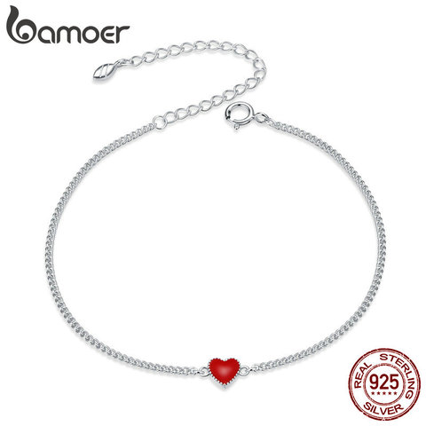 Bamoer-pulsera con cadena y corazón plata de primera ley para mujer, brazalete con cadena, plata esterlina 925, esmalte rojo, estilo minimalista, Simple, SCB182 ► Foto 1/6