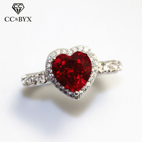 Anillos de boda CC para mujer, sortija de compromiso nupcial de plata 925, corazón rojo, Circonia cúbica, bisutería de lujo elegante, CC917 ► Foto 1/6