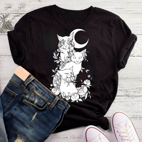 Camiseta Punk gótica con cabeza de gato y Luna para mujer, ropa hipster unisex, 100% de algodón, estética, envío directo ► Foto 1/6