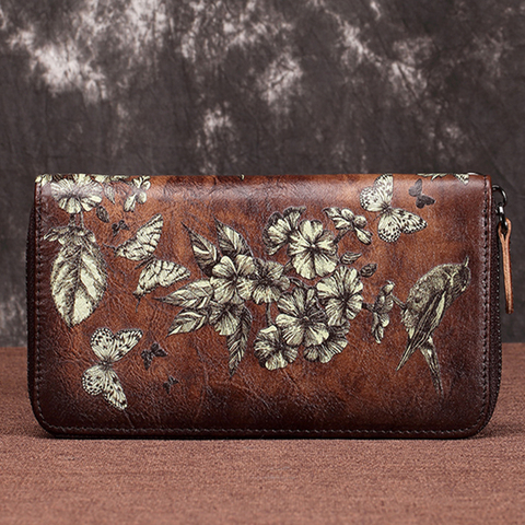 Bolso de mano con estampado Floral para mujer, Pochette con estampado Floral, práctico bolso con cremallera, varias tarjetas, carteras largas de piel auténtica ► Foto 1/6