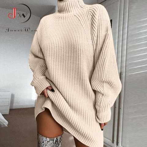 Las mujeres de cuello alto talla de gran tamaño de punto vestido de Otoño de manga larga Casual elegante Mini vestido de talla grande ropa de invierno ► Foto 1/6