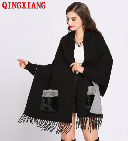 Muestra 2022 invierno Faux Poncho de cachemir manga larga de las mujeres de abrigo chal Vintage de bolsillo mujer gran borla de punto bufanda ► Foto 1/6