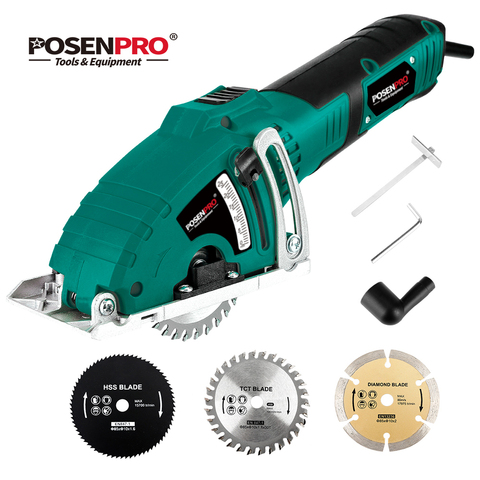 POSENPRO eléctrica Mini sierra Circular 700W herramienta de mano cortar madera/Metal VI paralelo accesorio de guía herramientas 3 uds cuchillas ► Foto 1/6