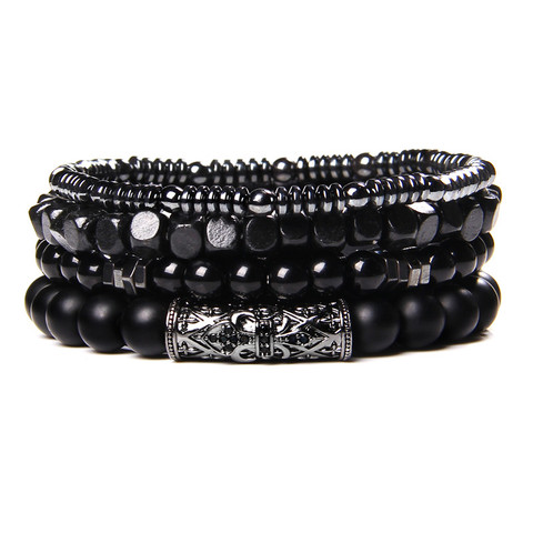 Conjunto de pulseras Vintage curativa para hombre, brazalete de piedras de ágata ónix negra, joyas elásticas, joyería clásica hecha a mano, Heamtite Gif ► Foto 1/6