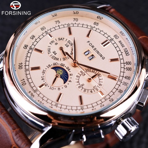 Forsining Moon Phase Shanghai movimiento Rosa oro funda marrón correa de cuero genuino hombres relojes marca superior de lujo reloj Auotmatic ► Foto 1/6