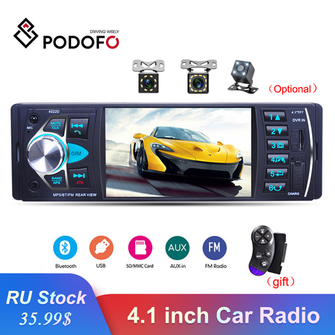 Podofo 4022D-Radio para coche, 1 Din, 4,1 pulgadas, Audio estéreo, Bluetooth, receptor FM, USB, compatible con cámara trasera y Control del volante ► Foto 1/6