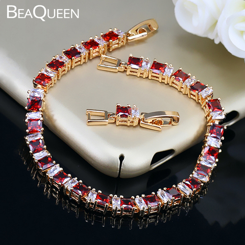 BlingZircons exquisita de oro de joyería de Color CZ cuadrado de cristal y piedra de circonio cúbico ajuste indio rojo pulsera para las mujeres B039 ► Foto 1/6