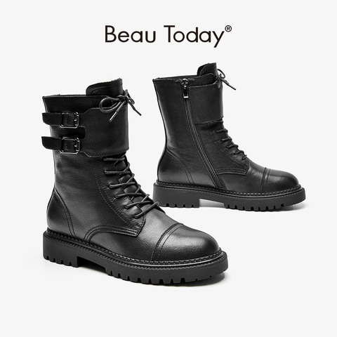 BeauToday-Botas de motocicleta de cuero de vaca para mujer, botines con cierre de cremallera, hebilla decorativa, con cordones, hechas a mano, para invierno, 03474 ► Foto 1/6