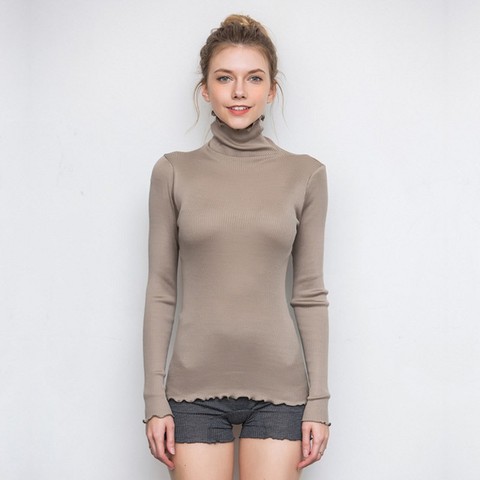 Jersey de manga larga y cuello alto para mujer, Jersey elástico de punto de 70% seda y 30% algodón, Camiseta básica, XS311 ► Foto 1/6