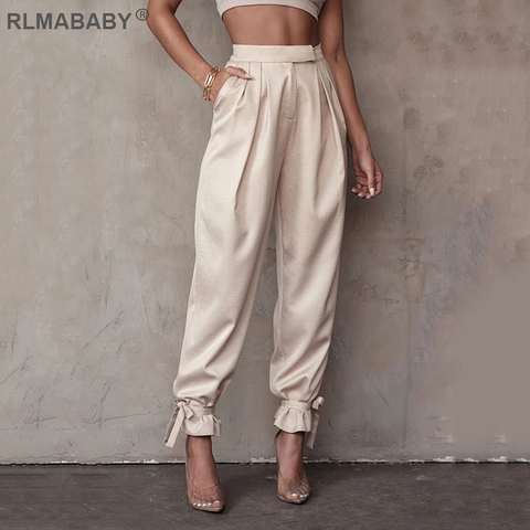 Pantalones de tubo de encaje de otoño para mujer, pantalón Sexy de cintura alta, informales con bolsillos y cremallera, para oficina y calle ► Foto 1/6