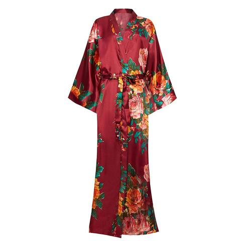 Bata Kimono con estampado de flores exquisitas para mujer, vestido de novia informal, ropa de dormir de satén suave e íntimo, camisón elegante Borgoña 6XL ► Foto 1/6