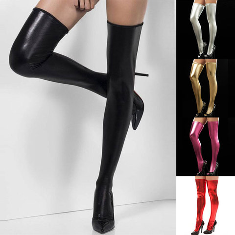 Calcetines altos hasta el muslo de cuero sintético para mujer, medias sexys por encima de la rodilla, bota larga, color negro, rojo y dorado, 2022 ► Foto 1/6