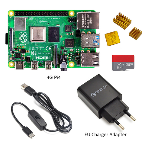 Raspberry Pi 4-kit básico de iniciación, modelo B, en stock con interfaz tipo c de línea de interruptor de alimentación, Adaptador europeo/cargador para EUA y disipador de calor ► Foto 1/6