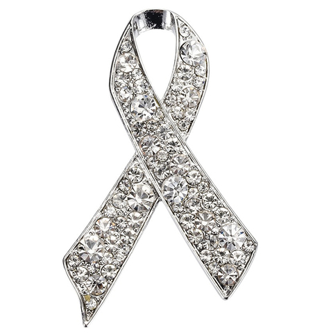 Broche de listón de diamantes de imitación Color blanco plateado, broche de concienciación sobre el cáncer de mama, regalo promocional al por mayor ► Foto 1/3