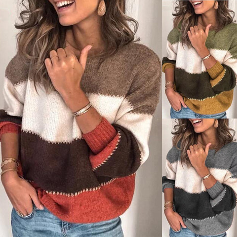 Suéter suelto a rayas de otoño invierno jersey de talla grande para mujer jerseys de gran calidad jersey de bloque de Color ► Foto 1/6