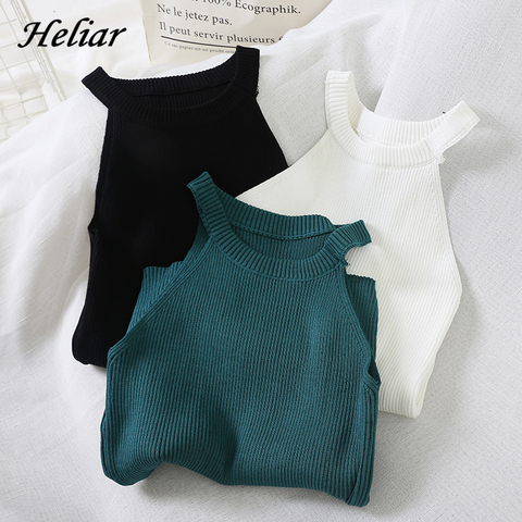 HELIAR-Tops cortos con hombros descubiertos para mujer, Camiseta de punto elástica, camisetas sin mangas con cuello Halter, Top corto informal ► Foto 1/6