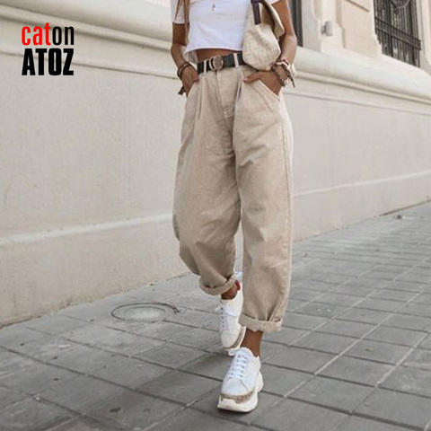 CatonATOZ-pantalones Cargo de color caqui para mujer, holgados de Vaqueros cintura alta, de talla grande, informales, para mamá, 2248 ► Foto 1/6