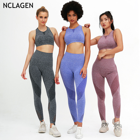 NCLAGEN-traje de Yoga sin costuras para mujer, conjunto de dos piezas elástico para gimnasio, deporte, entrenamiento, correr, realce, Top corto, Leggings atléticos ► Foto 1/6