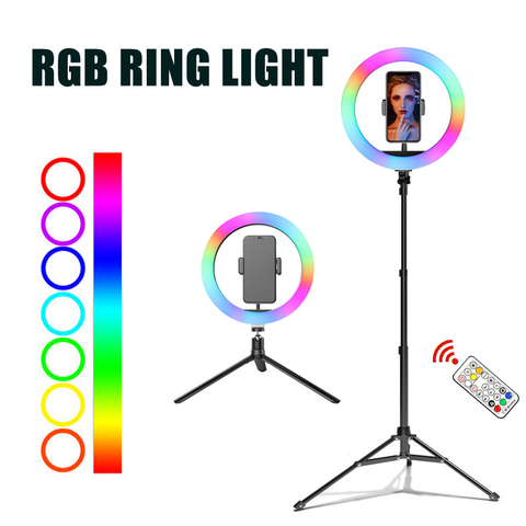 Anillo de luz LED de colores RGB con trípode, 10 pulgadas, 26cm, lámpara de anillo de arcoíris con Clip para teléfono, para tiktok, YouTube en directo ► Foto 1/6