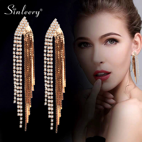 SINLEERY-pendientes largos brillantes con borlas para mujer, aretes colgantes de cristal transparente para boda, joyería para mujer ES223 SSH ► Foto 1/6