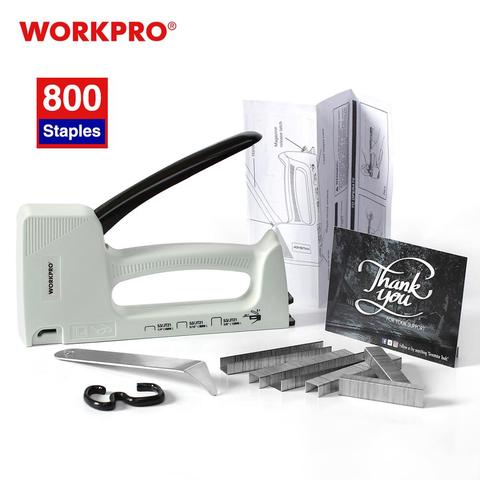 WORKPRO-Pistola de grapas manual para tapicería, grapadora ligera en material de plástico, antideslizante, con capacidad de 800 unidades de 6 mm/8 mm/10 mm, con gancho quitador de grapas ► Foto 1/6