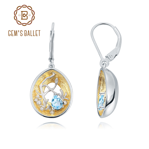 GEM'S BALLET-pendientes Retro para mujer, aretes de oro de 18 quilates, plata 925, dos tonos, rama hecha a mano, Topacio Azul suizo Natural, declaración ► Foto 1/6