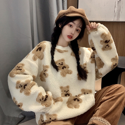 Lucyever-Sudadera con capucha con pequeño patrón de oso para mujer, suéteres dulces de felpa cálidos para invierno, sudadera holgada de estilo coreano Vintage 2022 ► Foto 1/6