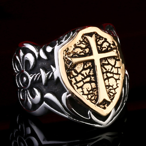 Anillo de cuarzo dedo grande tamaño 13 14 15 caballeros Cruz de templario Escudo de acero de titanio 316L hombres Escudo de alma anillo de protección ► Foto 1/6